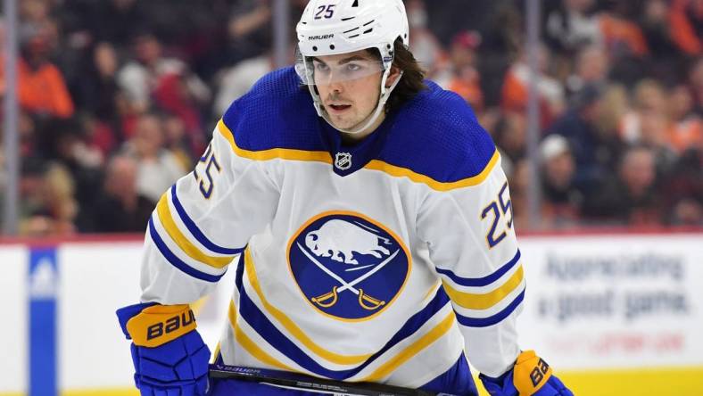 Apr 1, 2023; Philadelphia, Pennsylvania, USA; Buffalo Sabres defenseman Owen Power (25) against the Philadelphia Flyers at Wells Fargo Center. Mandatory Credit: Eric Hartline-USA TODAY Sports