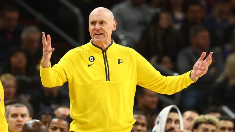 Jan 21, 2023; Phoenix, Arizona, USA; Indiana Pacers head coach Rick Carlisle reacts against the Phoenix Suns at Footprint Center. Mandatory Credit: Mark J. Rebilas-USA TODAY Sports