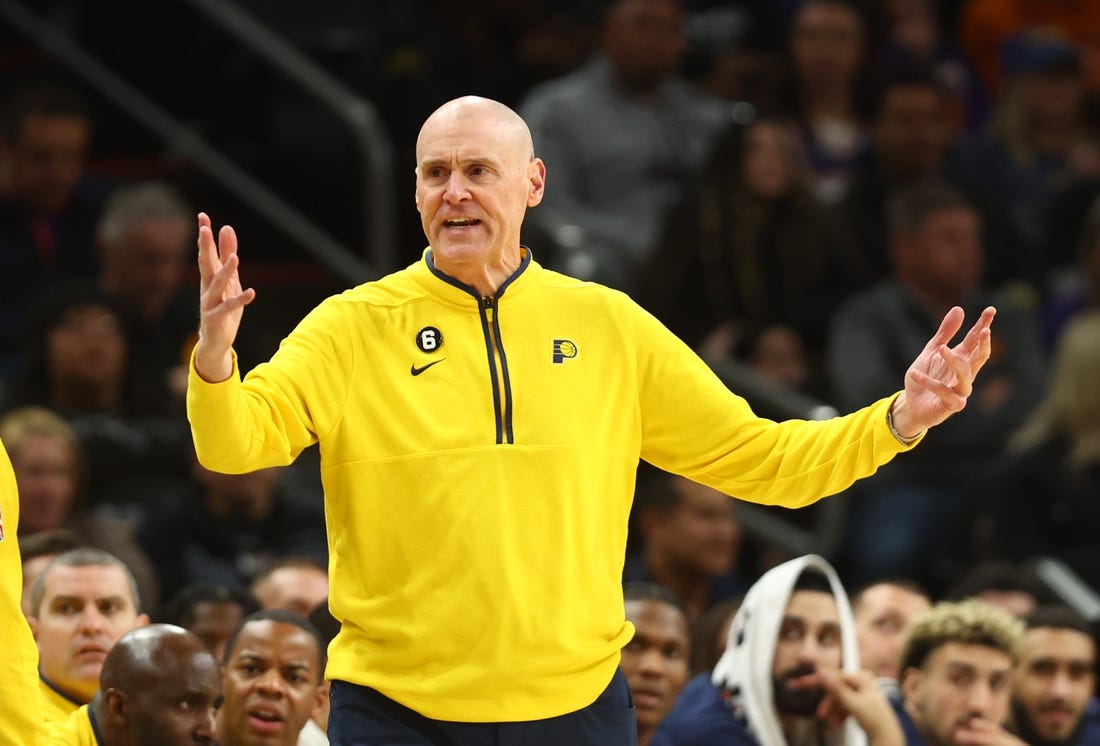 Jan 21, 2023; Phoenix, Arizona, USA; Indiana Pacers head coach Rick Carlisle reacts against the Phoenix Suns at Footprint Center. Mandatory Credit: Mark J. Rebilas-USA TODAY Sports