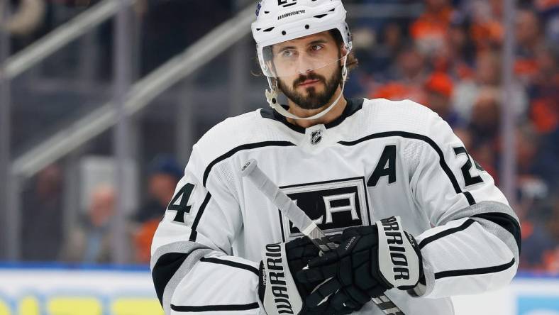 Apr 25, 2023; Edmonton, Alberta, CAN; Los Angeles Kings forward Phillip Danault (24) skates against the Edmonton Oilers in game five of the first round of the 2023 Stanley Cup Playoffs at Rogers Place. Mandatory Credit: Perry Nelson-USA TODAY Sports