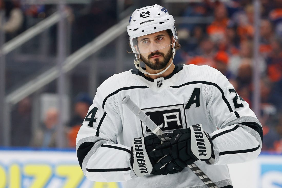 Apr 25, 2023; Edmonton, Alberta, CAN; Los Angeles Kings forward Phillip Danault (24) skates against the Edmonton Oilers in game five of the first round of the 2023 Stanley Cup Playoffs at Rogers Place. Mandatory Credit: Perry Nelson-USA TODAY Sports