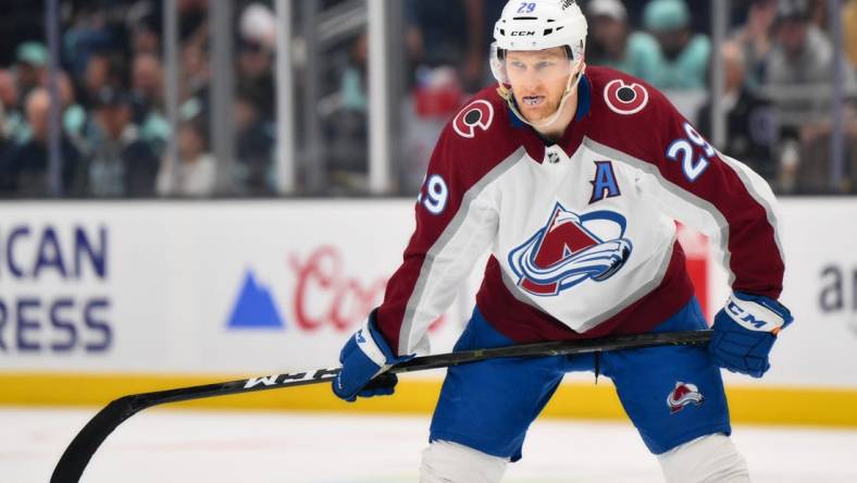 Apr 28, 2023; Seattle, Washington, USA; Colorado Avalanche center Nathan MacKinnon (29) in game six of the first round of the 2023 Stanely Cup Playoffs at Climate Pledge Arena. Mandatory Credit: Steven Bisig-USA TODAY Sports