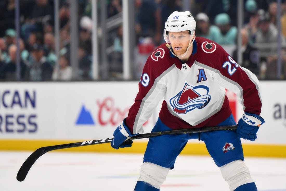 Apr 28, 2023; Seattle, Washington, USA; Colorado Avalanche center Nathan MacKinnon (29) in game six of the first round of the 2023 Stanely Cup Playoffs at Climate Pledge Arena. Mandatory Credit: Steven Bisig-USA TODAY Sports