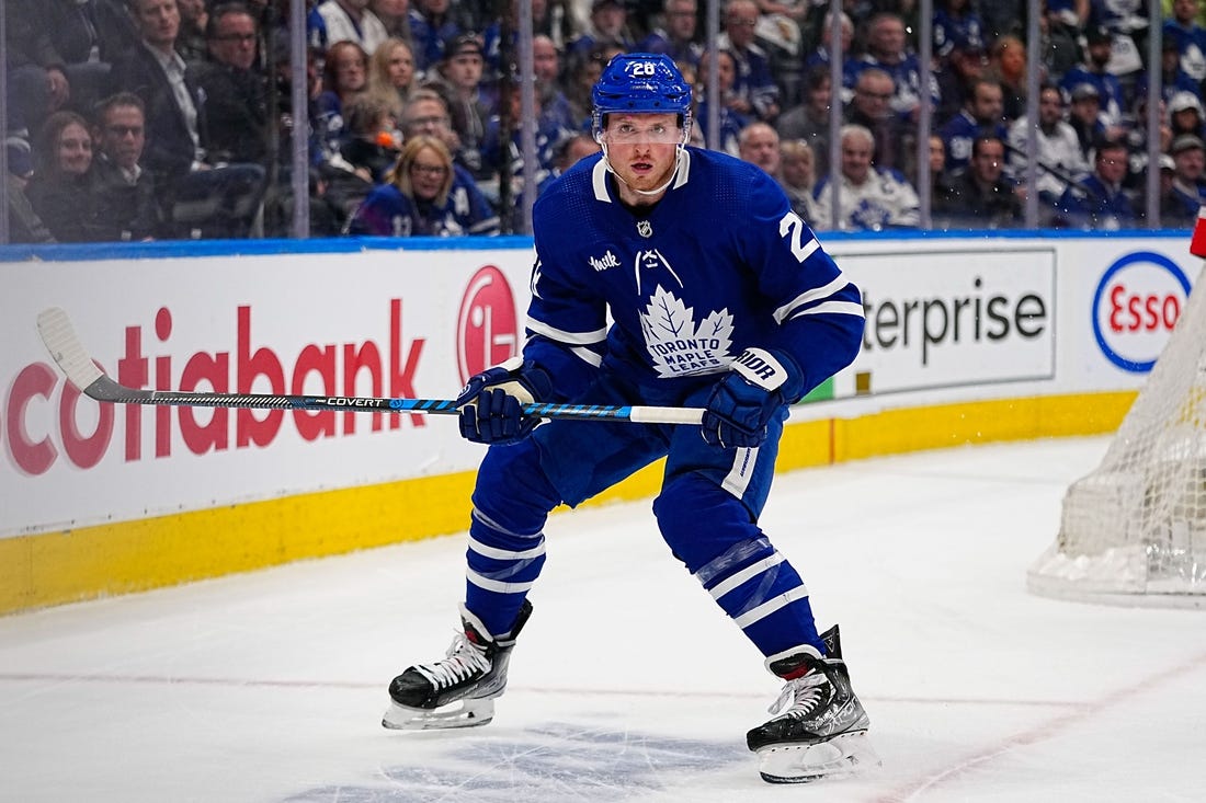 May 4, 2023; Toronto, Ontario, CANADA; Toronto Maple Leafs forward Sam Lafferty (28) looks for the puck against the Florida Panthers during game two of the second round of the 2023 Stanley Cup Playoffs at Scotiabank Arena. Mandatory Credit: John E. Sokolowski-USA TODAY Sports