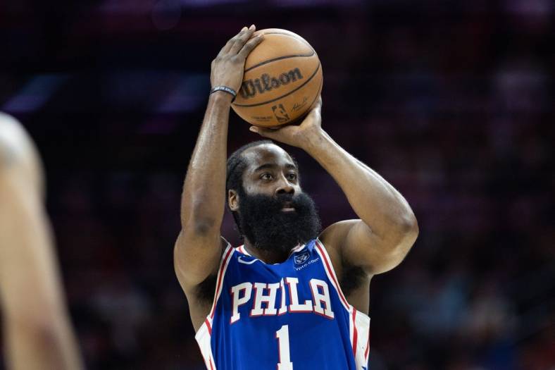 May 11, 2023; Philadelphia, Pennsylvania, USA; Philadelphia 76ers guard James Harden (1) shoots against the Boston Celtics during the first quarter in game six of the 2023 NBA playoffs at Wells Fargo Center. Mandatory Credit: Bill Streicher-USA TODAY Sports