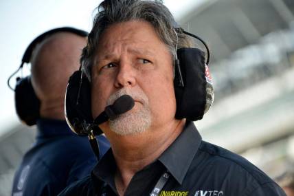 Friday, May 12, 2023, Michael Andretti, owner of Andretti Autosport, watches action during practice for the GMR Grand Prix at Indianapolis Motor Speedway.