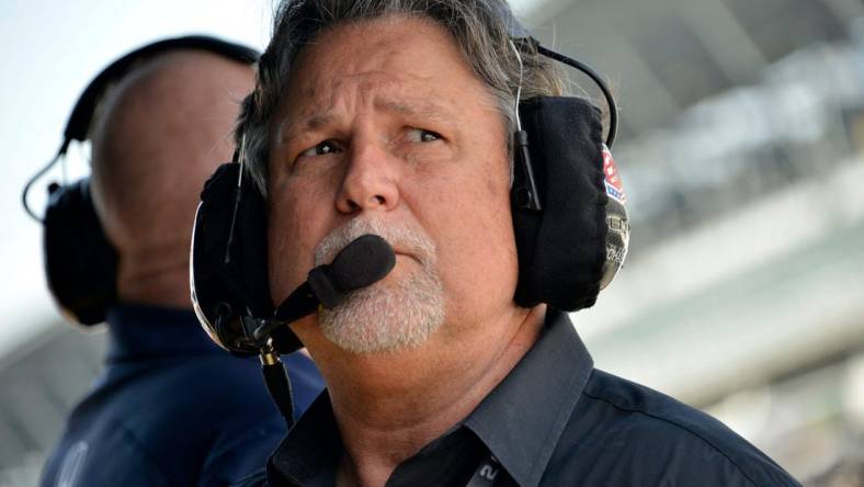 Friday, May 12, 2023, Michael Andretti, owner of Andretti Autosport, watches action during practice for the GMR Grand Prix at Indianapolis Motor Speedway.