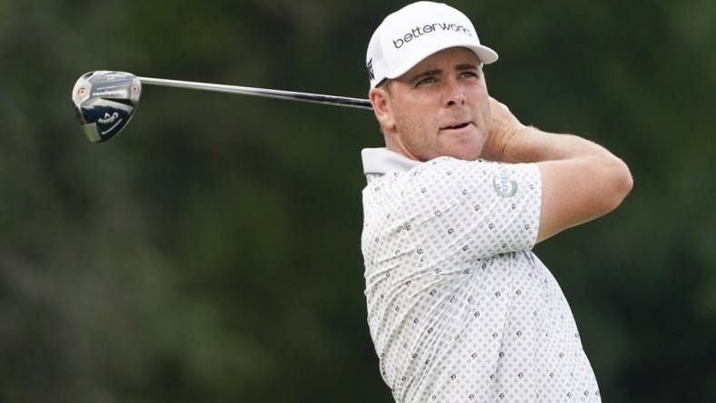 May 12, 2023; McKinney, Texas, USA; Luke List plays his shot from the ninth tee during the second round of the AT&T Byron Nelson golf tournament. Mandatory Credit: Raymond Carlin III-USA TODAY Sports