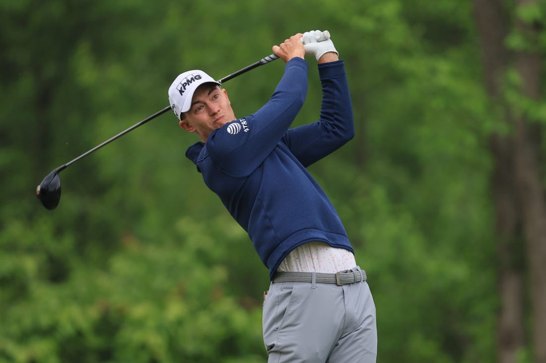 May 19, 2023; Rochester, New York, USA; Maverick McNealy hits a tee shot on the fourth hole during the second round of the PGA Championship golf tournament. Mandatory Credit: Aaron Doster-USA TODAY Sports