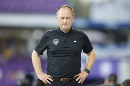 May 20, 2023; Orlando, Florida, USA; Washington Spirit head coach Mark Parsons reacts in the first half against the Orlando Pride at Exploria Stadium. Mandatory Credit: Russel Lansford-USA TODAY Sports