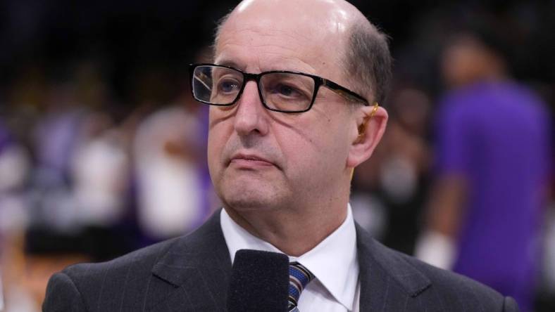 May 20, 2023; Los Angeles, California, USA; ESPN commentator Jeff Van Gundy during game three of the Western Conference Finals for the 2023 NBA playoffs between the Los Angeles Lakers and the Denver Nuggets at Crypto.com Arena. Mandatory Credit: Kirby Lee-USA TODAY Sports