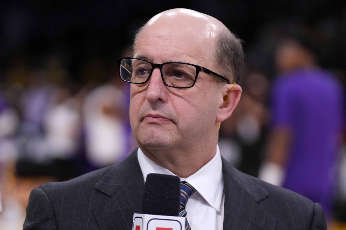 May 20, 2023; Los Angeles, California, USA; ESPN commentator Jeff Van Gundy during game three of the Western Conference Finals for the 2023 NBA playoffs between the Los Angeles Lakers and the Denver Nuggets at Crypto.com Arena. Mandatory Credit: Kirby Lee-USA TODAY Sports
