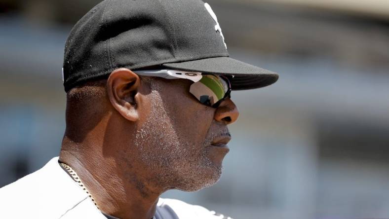 May 27, 2023; Detroit, Michigan, USA;  Chicago White Sox first base coach Daryl Boston (8) looks on from the dugout in the third inning against the Detroit Tigers at Comerica Park. Mandatory Credit: Rick Osentoski-USA TODAY Sports