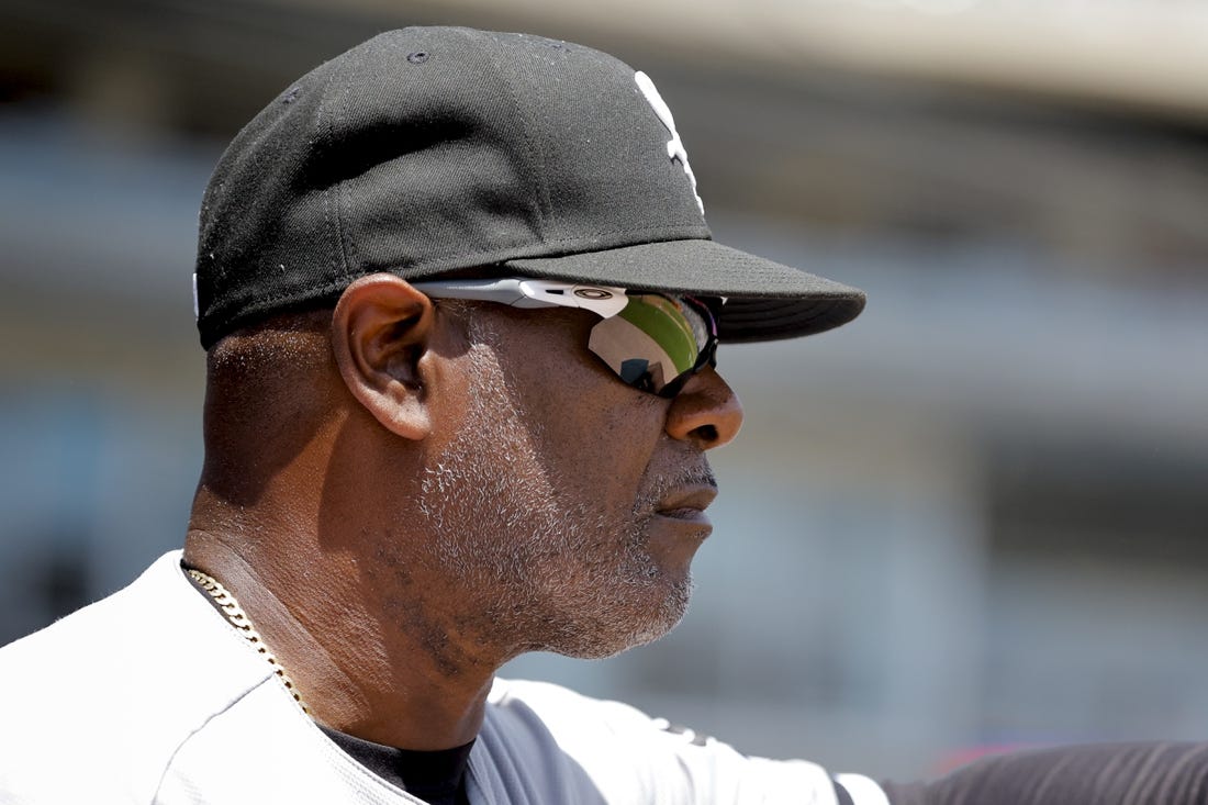 May 27, 2023; Detroit, Michigan, USA;  Chicago White Sox first base coach Daryl Boston (8) looks on from the dugout in the third inning against the Detroit Tigers at Comerica Park. Mandatory Credit: Rick Osentoski-USA TODAY Sports