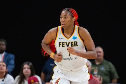Jun 4, 2023; Indianapolis, Indiana, USA; Indiana Fever center Aliyah Boston (7) in the second half against the Las Vegas Aces at Gainbridge Fieldhouse. Mandatory Credit: Trevor Ruszkowski-USA TODAY Sports