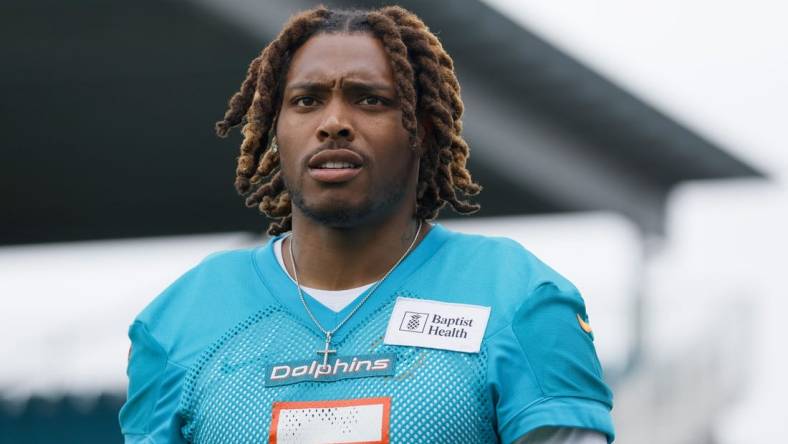 Jun 6, 2023; Miami Gardens, FL, USA; Miami Dolphins cornerback Jalen Ramsey (5) looks on during mandatory minicamp at the Baptist Health Training Complex. Mandatory Credit: Sam Navarro-USA TODAY Sports