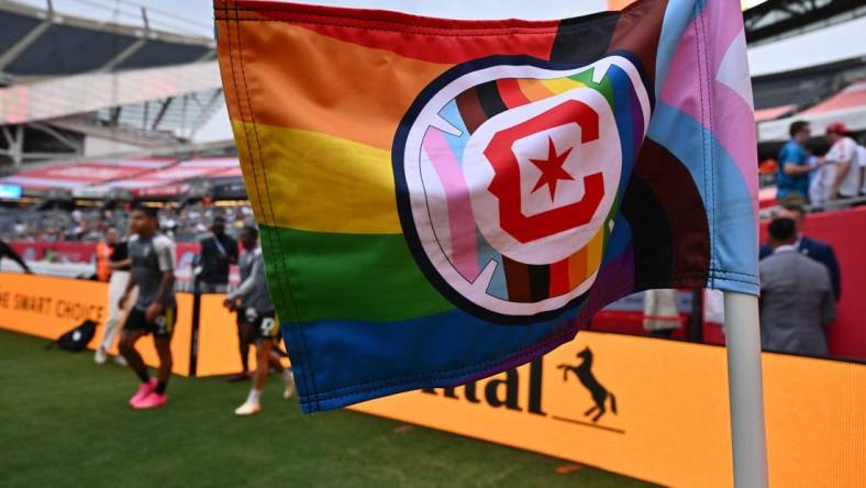 June 10, 2023; Chicago, Illinois, USA; General view of a Pride themed corner flag before the match between the Columbus Crew and Chicago Fire at Soldier Field. Mandatory Credit: Jamie Sabau-USA TODAY Sports