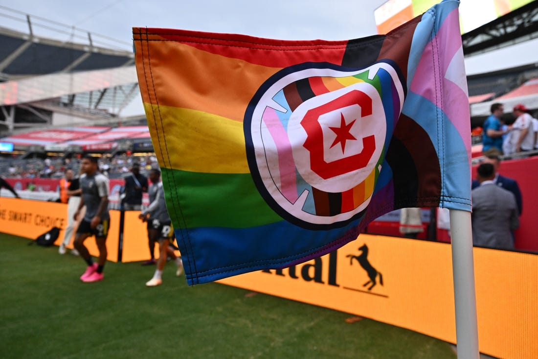 June 10, 2023; Chicago, Illinois, USA; General view of a Pride themed corner flag before the match between the Columbus Crew and Chicago Fire at Soldier Field. Mandatory Credit: Jamie Sabau-USA TODAY Sports