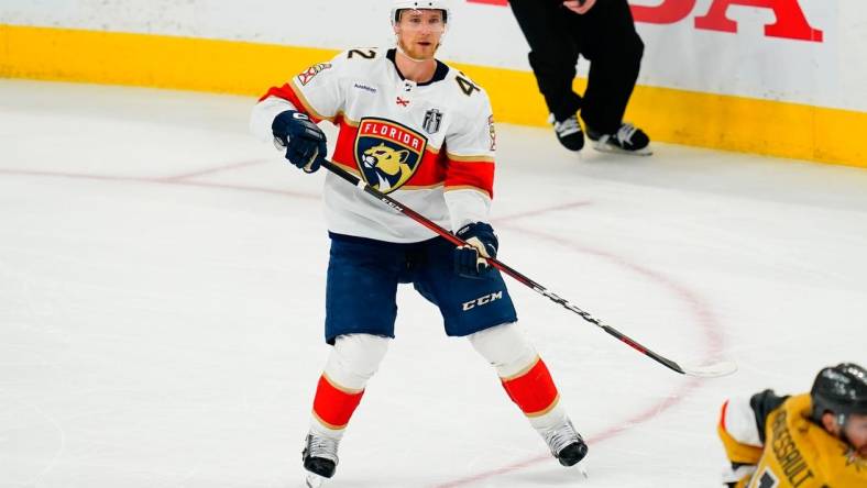 Jun 13, 2023; Las Vegas, Nevada, USA; Florida Panthers defenseman Gustav Forsling (42) competes during game five of the 2023 Stanley Cup Final against the Vegas Golden Knights at T-Mobile Arena. Mandatory Credit: Lucas Peltier-USA TODAY Sports