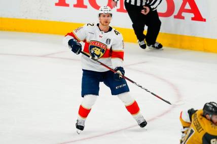 Jun 13, 2023; Las Vegas, Nevada, USA; Florida Panthers defenseman Gustav Forsling (42) competes during game five of the 2023 Stanley Cup Final against the Vegas Golden Knights at T-Mobile Arena. Mandatory Credit: Lucas Peltier-USA TODAY Sports