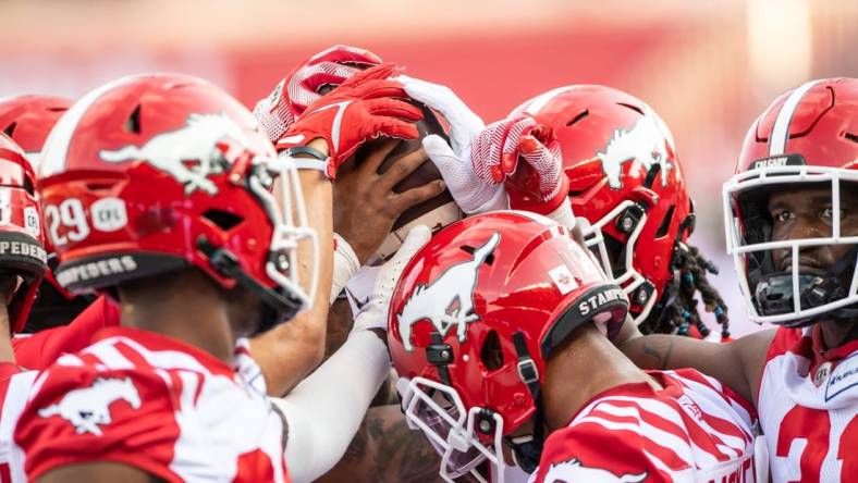 Jun 15, 2023; Ottawa, Ontario, CAN;  The Calgary Stampeders huddle prior to game against the Ottawa REDBLACKS at TD Place. Mandatory Credit: Marc DesRosiers-USA TODAY Sports