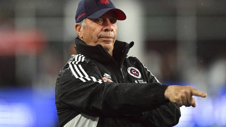 Jun 17, 2023; Foxborough, Massachusetts, USA; New England Revolution coach Bruce Arena signals a play the Orlando City during the first half of a match at Gillette Stadium. Mandatory Credit: Brian Fluharty-USA TODAY Sports