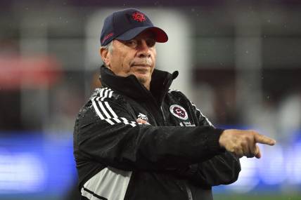 Jun 17, 2023; Foxborough, Massachusetts, USA; New England Revolution coach Bruce Arena signals a play the Orlando City during the first half of a match at Gillette Stadium. Mandatory Credit: Brian Fluharty-USA TODAY Sports
