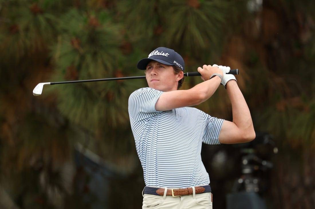 Jun 18, 2023; Los Angeles, California, USA; Gordon Sargent hits a tee shot on the 11th hole during the final round of the U.S. Open golf tournament at Los Angeles Country Club. Mandatory Credit: Kiyoshi Mio-USA TODAY Sports