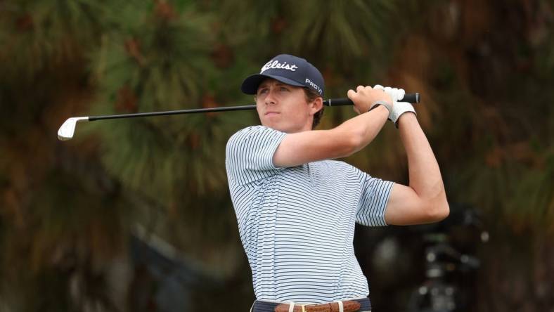 Jun 18, 2023; Los Angeles, California, USA; Gordon Sargent hits a tee shot on the 11th hole during the final round of the U.S. Open golf tournament at Los Angeles Country Club. Mandatory Credit: Kiyoshi Mio-USA TODAY Sports