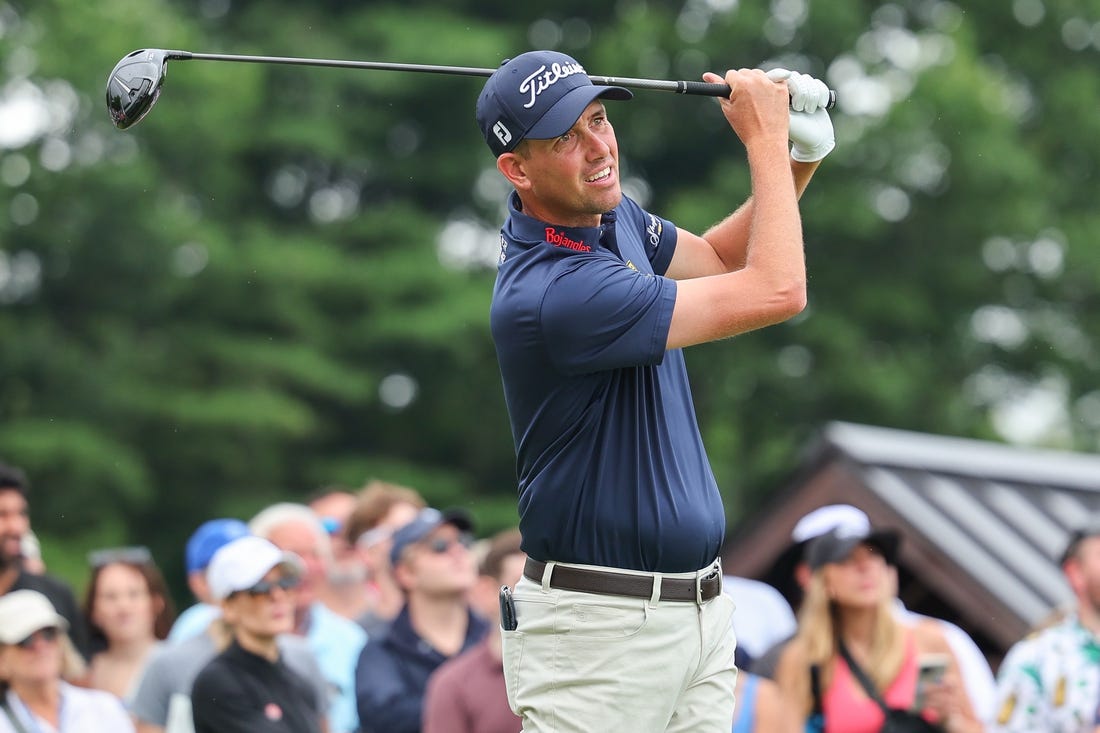 Jun 24, 2023; Cromwell, Connecticut, USA; Chesson Hadley plays his shot from the first tee during the third round of the Travelers Championship golf tournament. Mandatory Credit: Vincent Carchietta-USA TODAY Sports