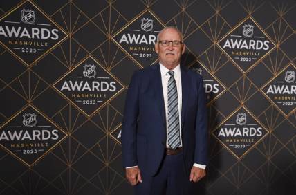 Jun 26, 2023; Nashville, Tennessee, USA; New Jersey Devils head coach Lindy Ruff arrives on the red carpet before the 2023 NHL Awards at Bridgestone Arena. Mandatory Credit: Christopher Hanewinckel-USA TODAY Sports