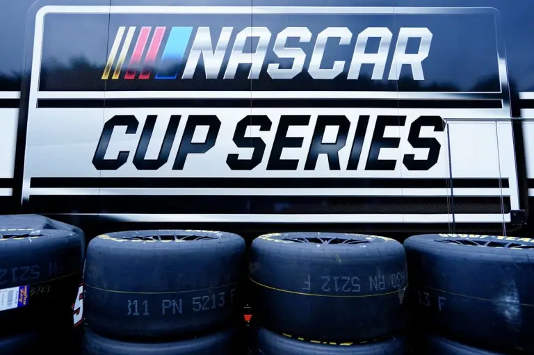 Jul 1, 2023; Chicago, Illinois, USA; A detail view of tires in front of a NASCAR Cup Series hauler on Columbus Drive during practice and qualifying for the Chicago Street Race. Mandatory Credit: Jon Durr-USA TODAY Sports