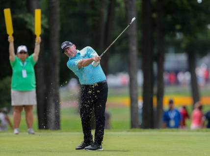 Rod Pampling hits his tee shot on the 7th hole during the third round of the 2023 U.S. Senior Open on Saturday, July 1, 2023, at SentryWorld in Stevens Point, Wis. Pampling fell to a tie for 20th place after shooting a round of 77 on Saturday.
Tork Mason/USA TODAY NETWORK-Wisconsin