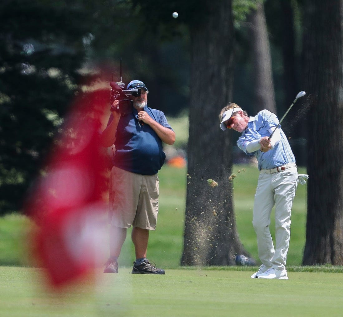 Brett Quigley hits his approach shot into the 9th green during the final round of the 2023 U.S. Senior Open on Sunday, July 2, 2023, at SentryWorld in Stevens Point, Wis. Quigley shot a round of 66 to finish in a tie for 4th place at 2-under par for the tournament.Tork Mason/USA TODAY NETWORK-Wisconsin