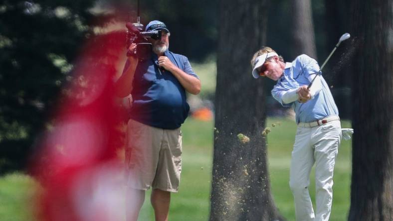 Brett Quigley hits his approach shot into the 9th green during the final round of the 2023 U.S. Senior Open on Sunday, July 2, 2023, at SentryWorld in Stevens Point, Wis. Quigley shot a round of 66 to finish in a tie for 4th place at 2-under par for the tournament.Tork Mason/USA TODAY NETWORK-Wisconsin