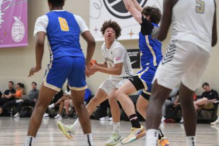 July 5, 2023; North Augusta, S.C., USA; Vegas Elite Trent Perry (0) looks to the basket during the Vegas Elite and Boo Williams game at third day of the Peach Jam in Riverview Park Activities Center. Vegas Elite defeated Boo Williams 71-52. Mandatory Credit: Katie Goodale-USA TODAY Network