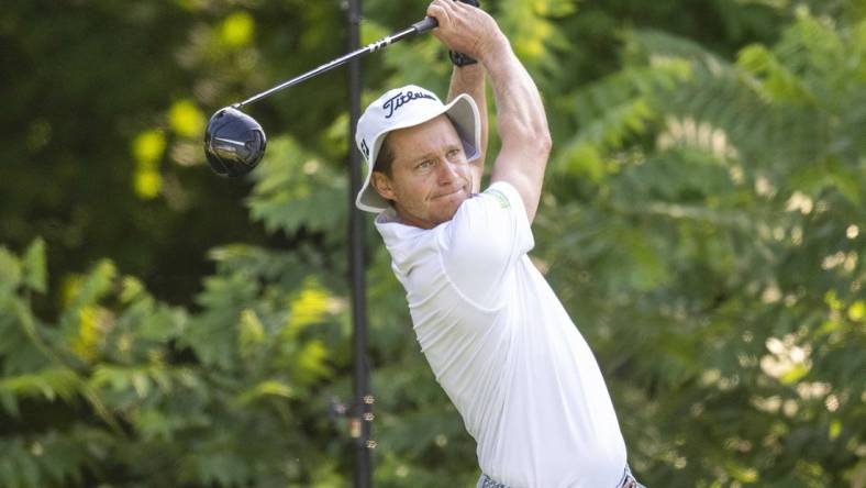 Jul 6, 2023; Silvis, Illinois, USA; Peter Malnati hits his tee shot on the second hole during the first round of the John Deere Classic golf tournament. Mandatory Credit: Marc Lebryk-USA TODAY Sports