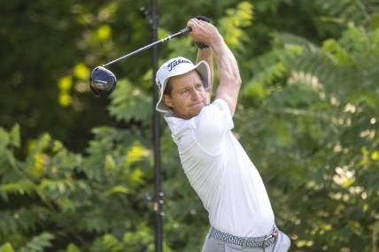 Jul 6, 2023; Silvis, Illinois, USA; Peter Malnati hits his tee shot on the second hole during the first round of the John Deere Classic golf tournament. Mandatory Credit: Marc Lebryk-USA TODAY Sports