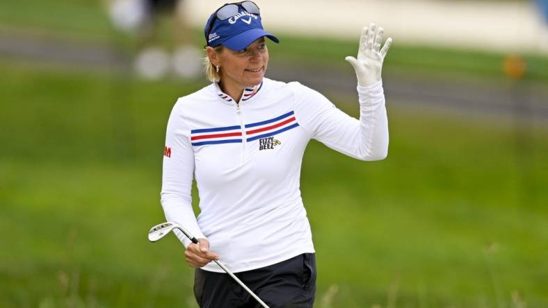 Jul 6, 2023; Pebble Beach, California, USA; Annika Sorenstam reacts after her bunker shot on the 13th hole during the first round of the U.S. Women's Open golf tournament at Pebble Beach Golf Links. Mandatory Credit: Kelvin Kuo-USA TODAY Sports