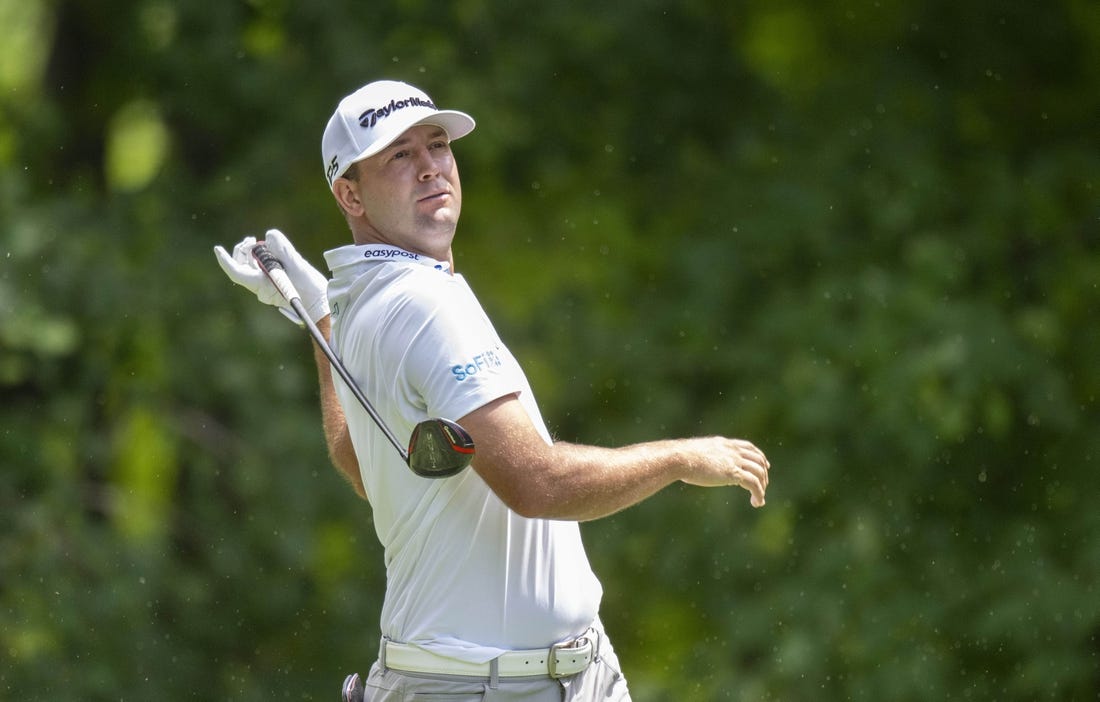 Jul 6, 2023; Silvis, Illinois, USA;  Taylor Montgomery hits his tee shot on the 6th hole during the first round of the John Deere Classic golf tournament. Mandatory Credit: Marc Lebryk-USA TODAY Sports