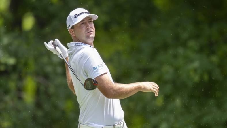 Jul 6, 2023; Silvis, Illinois, USA;  Taylor Montgomery hits his tee shot on the 6th hole during the first round of the John Deere Classic golf tournament. Mandatory Credit: Marc Lebryk-USA TODAY Sports