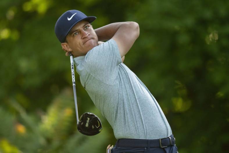 Jul 7, 2023; Silvis, Illinois, USA; Cameron Champ hits a provisional drive on the second hole during the second round of the John Deere Classic golf tournament. Mandatory Credit: Marc Lebryk-USA TODAY Sports