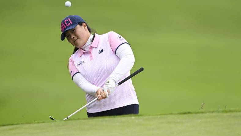 Jul 7, 2023; Pebble Beach, California, USA; Angel Yin hits a shot on the 14th hole during the second round of the U.S. Women's Open golf tournament at Pebble Beach Golf Links. Mandatory Credit: Kelvin Kuo-USA TODAY Sports