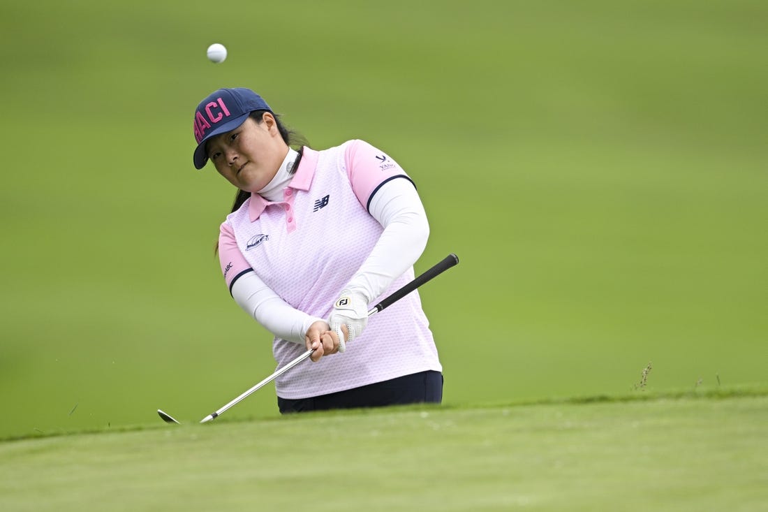 Jul 7, 2023; Pebble Beach, California, USA; Angel Yin hits a shot on the 14th hole during the second round of the U.S. Women's Open golf tournament at Pebble Beach Golf Links. Mandatory Credit: Kelvin Kuo-USA TODAY Sports