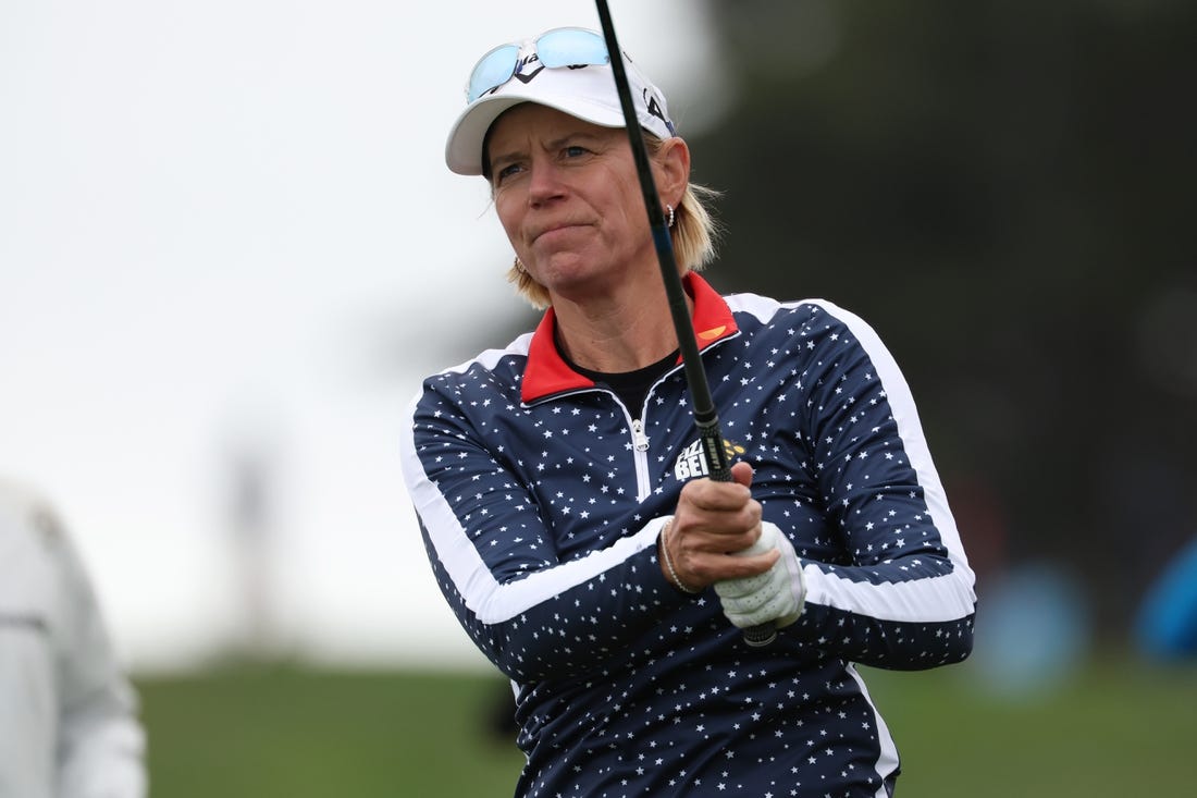 Jul 7, 2023; Pebble Beach, California, USA; Annika Sorenstam tees off on the tenth hole during the second round of the U.S. Women's Open golf tournament at Pebble Beach Golf Link. Mandatory Credit: Kiyoshi Mio-USA TODAY Sports