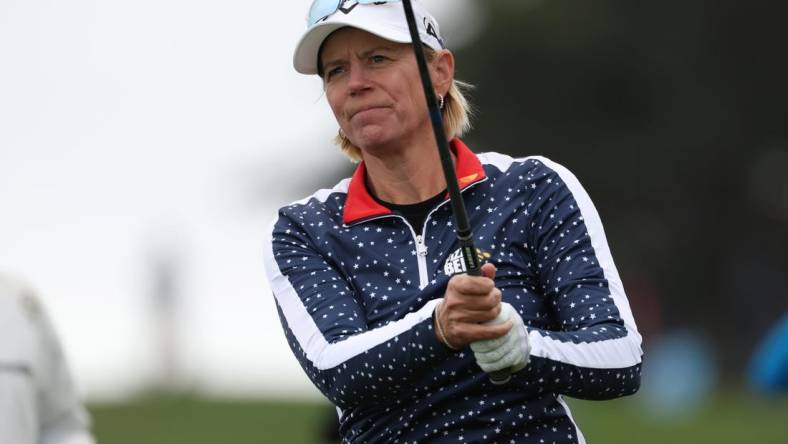 Jul 7, 2023; Pebble Beach, California, USA; Annika Sorenstam tees off on the tenth hole during the second round of the U.S. Women's Open golf tournament at Pebble Beach Golf Link. Mandatory Credit: Kiyoshi Mio-USA TODAY Sports