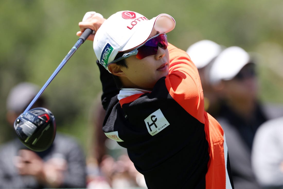 Jul 8, 2023; Pebble Beach, California, USA; Hyo Joo Kim tees off on the second hole during the third round of the U.S. Women's Open golf tournament at Pebble Beach Golf Link. Mandatory Credit: Kiyoshi Mio-USA TODAY Sports