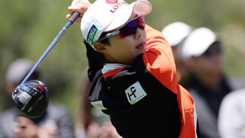 Jul 8, 2023; Pebble Beach, California, USA; Hyo Joo Kim tees off on the second hole during the third round of the U.S. Women's Open golf tournament at Pebble Beach Golf Link. Mandatory Credit: Kiyoshi Mio-USA TODAY Sports