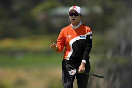 Jul 8, 2023; Pebble Beach, California, USA; Hyo Joo Kim reacts after her putt on the fifth hole during the third round of the U.S. Women's Open golf tournament at Pebble Beach Golf Links. Mandatory Credit: Kelvin Kuo-USA TODAY Sports