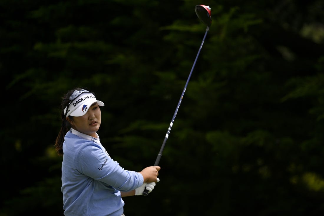 Jul 9, 2023; Pebble Beach, California, USA; Hae Ran Ryu tees off on the third hole during the final round of the U.S. Women's Open golf tournament at Pebble Beach Golf Links. Mandatory Credit: Kelvin Kuo-USA TODAY Sports